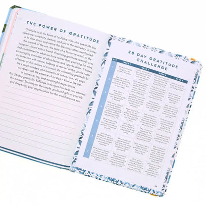 Open pages of the La Dolce Vita Vision Journal showcasing the 28 Day Gratitude Challenge and the power of gratitude.