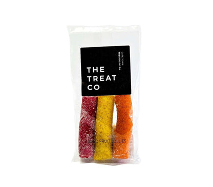 Dried Fruit Lollies in a clear bag featuring vibrant colors of red, yellow, and orange snacks.