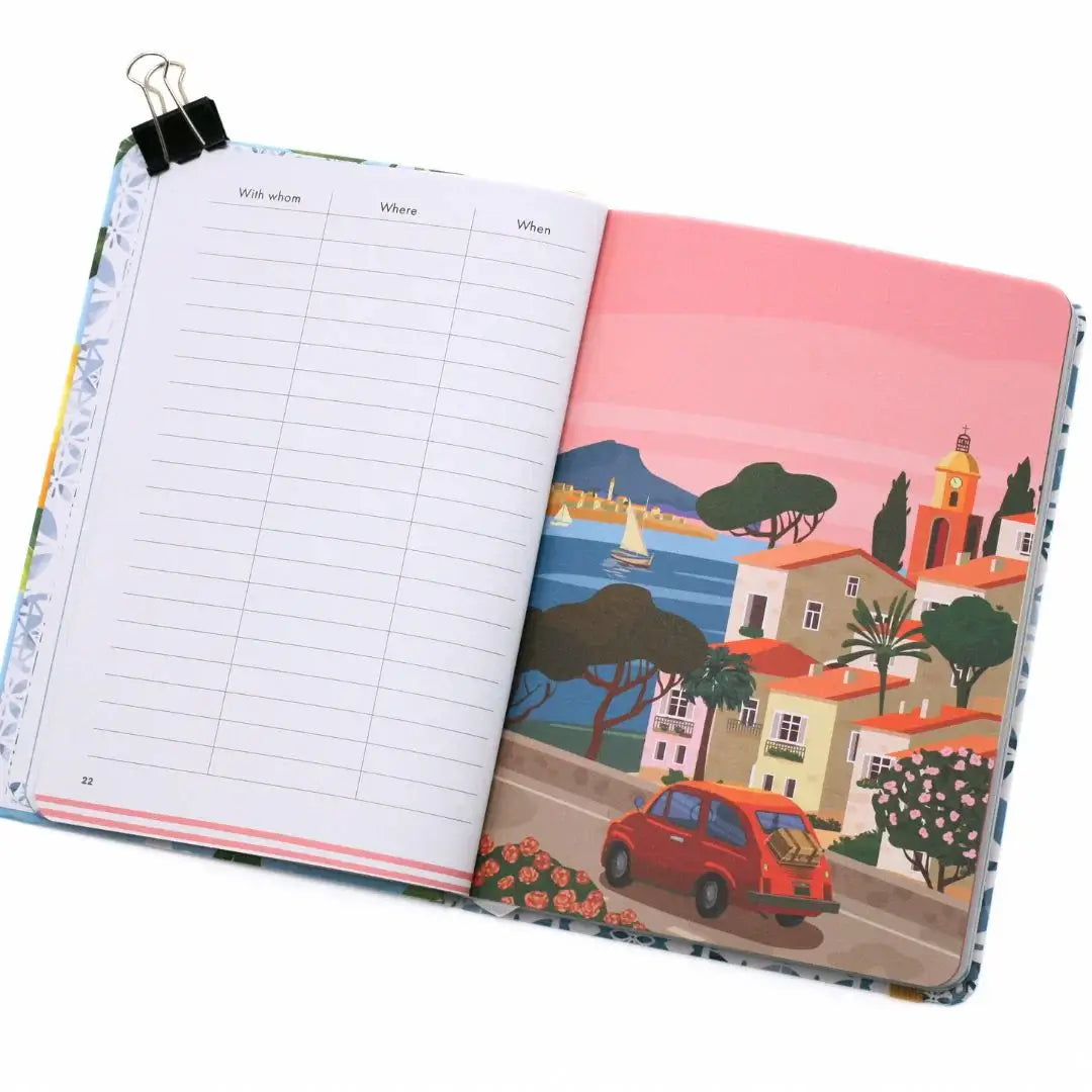 La Dolce Vita Vision Journal open page featuring colorful illustrations and lined writing space.