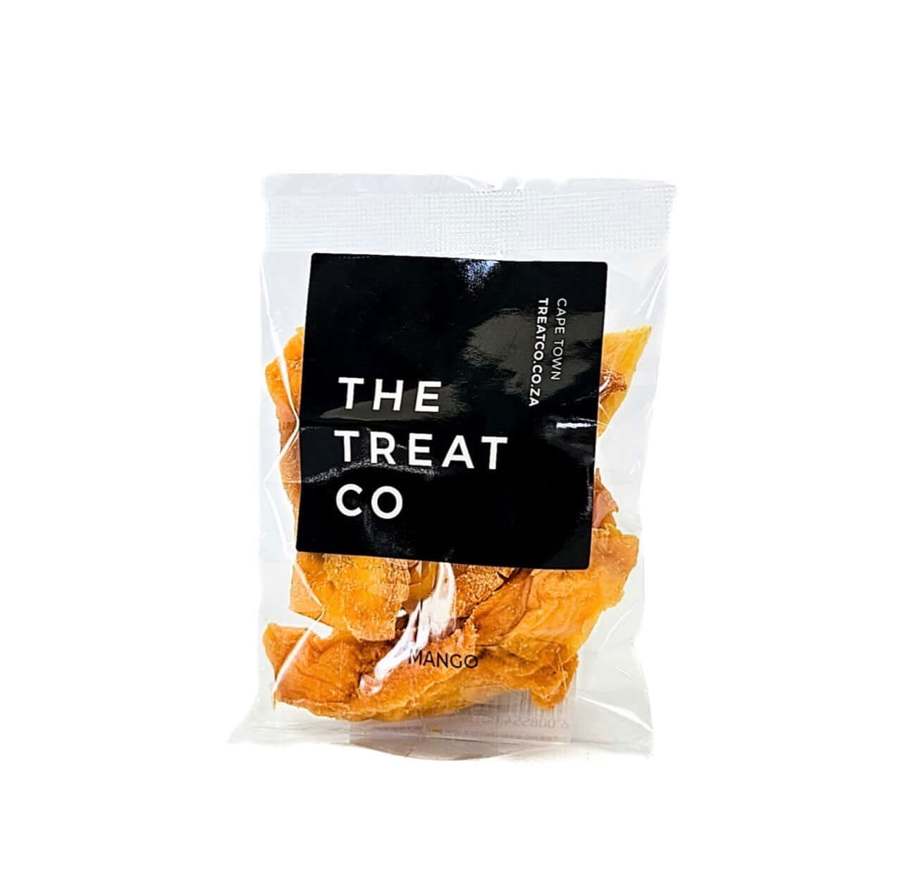 Dried Mango slices packaged in a clear bag from The Treat Co, showcasing their natural sweetness and chewy texture.