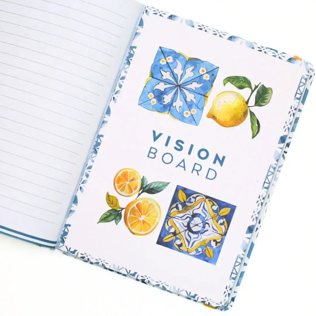 La Dolce Vita Vision Journal interior page featuring a colorful vision board design with citrus illustrations.