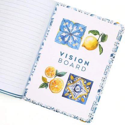 La Dolce Vita Vision Journal interior page featuring a colorful vision board design with citrus illustrations.
