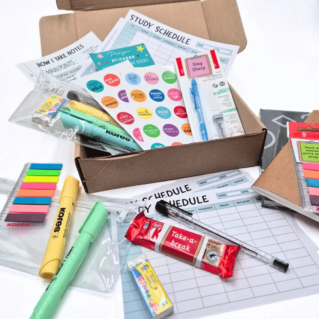 Exam Care Package filled with study tools, stickers, pens, and motivational note for students preparing for exams.