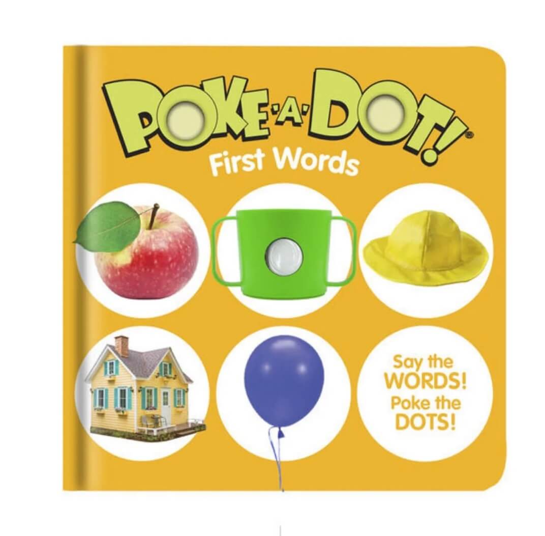 Melissa & Doug Poke-A-Dot: First Words interactive board book with colorful images and pop-up features.