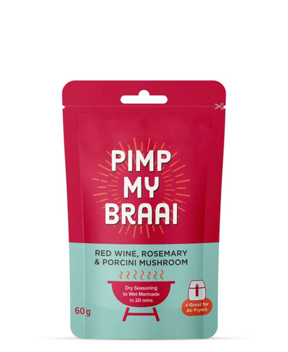 Pimp My Braai seasoning packaging, 60g, featuring red wine, rosemary, and porcini mushroom for flavorful marinades.