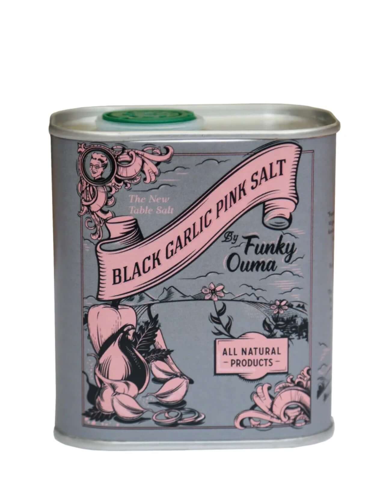 Black Garlic Pink Salt, 250ml in a trendy tin by Funky Ouma, perfect for cooking and gifting.