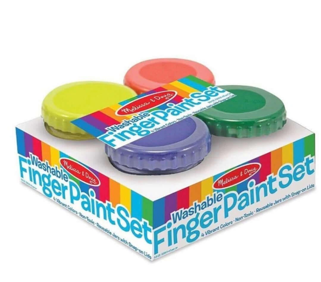 Melissa & Doug Finger Paint Set 4-Pieces featuring vibrant colors in spill-proof jars, perfect for kids' creativity.