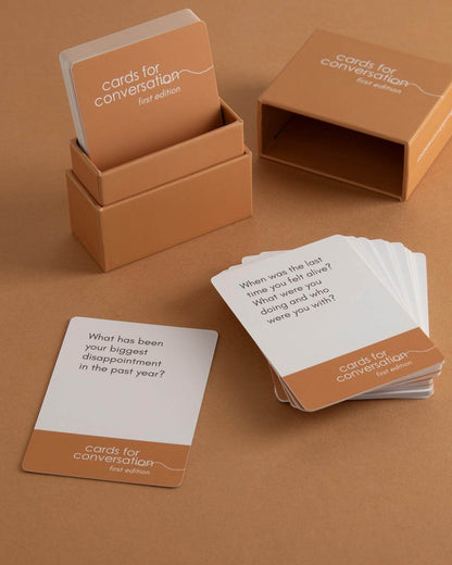 Cards for Conversation First Edition box with prompt cards for engaging conversations and meaningful connections.