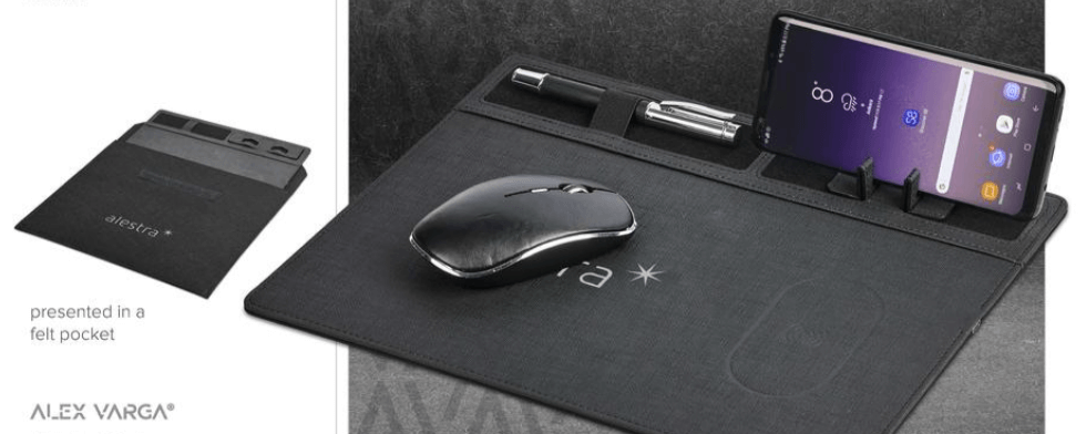 Black desk organiser with phone, mouse, and other items on a dark surface